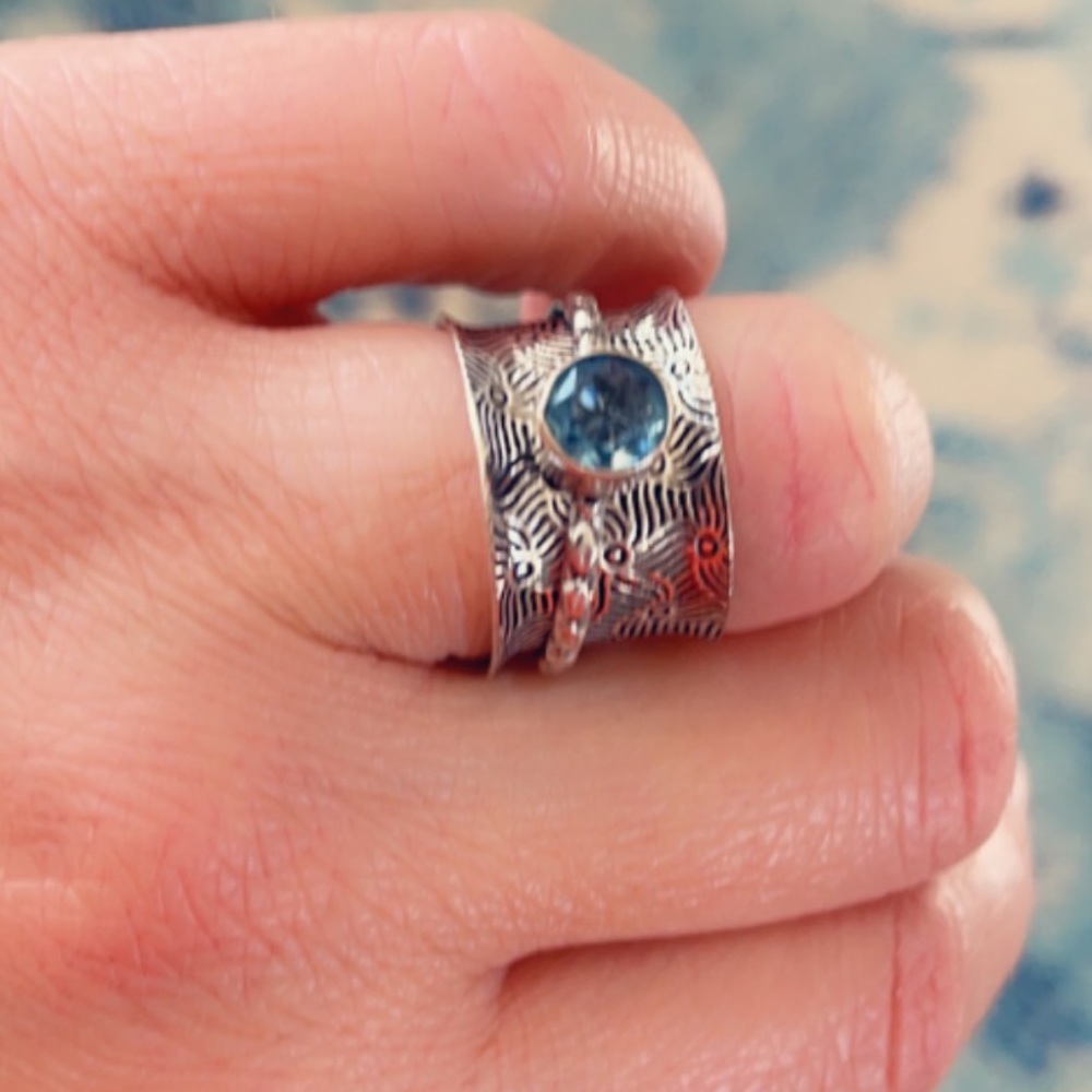 Fidget Ring Blue Topaz Spinner Sterling Silver Artisan Anxiety Ring - Picture 9 of 10